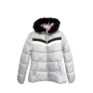 London Fog Girls Puffer Jacket With Faux Fur Hood Silver & Pink Medium